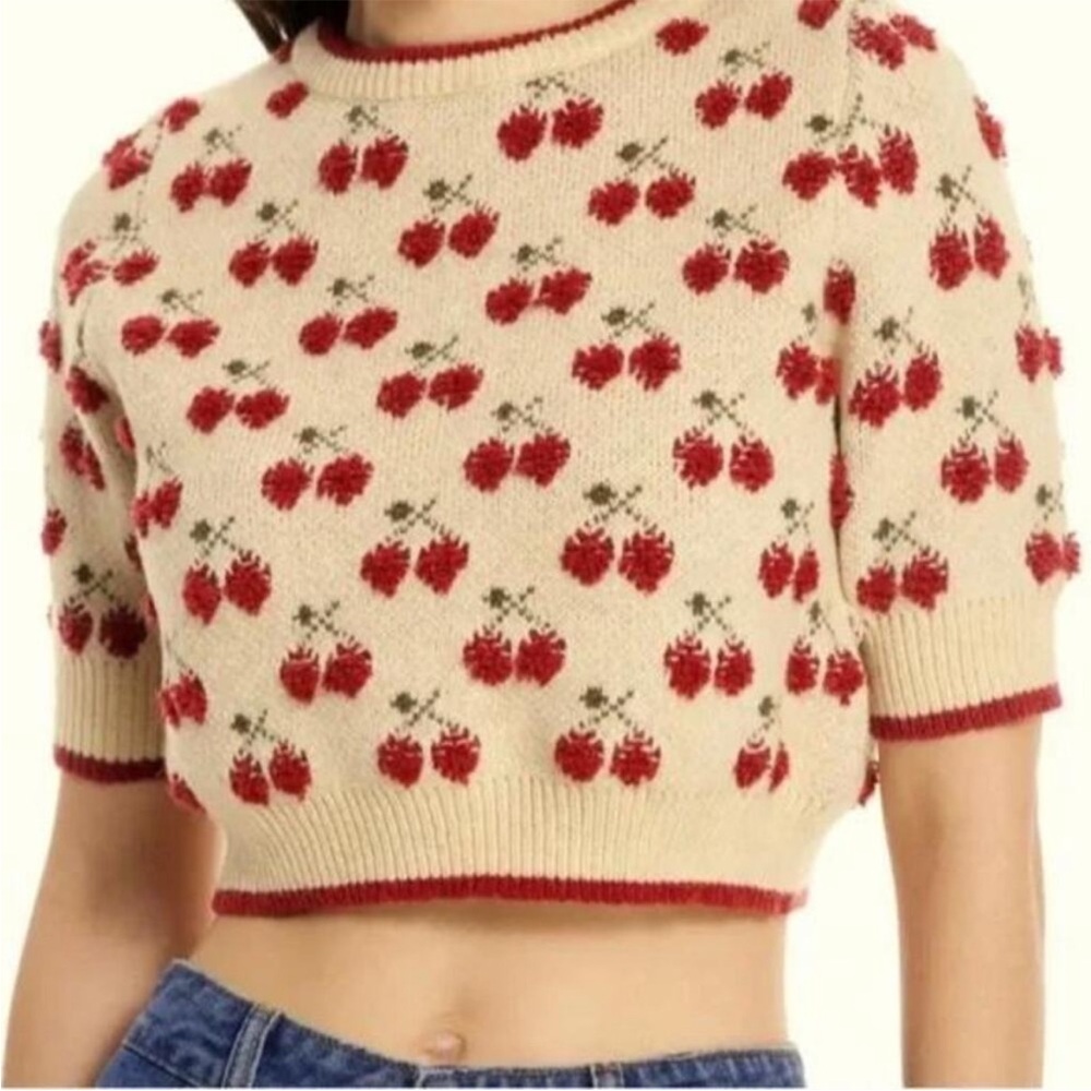🍒NWT CIDER Cream Pom Cherries Short Sleeve Cropped Sweater Size Medium